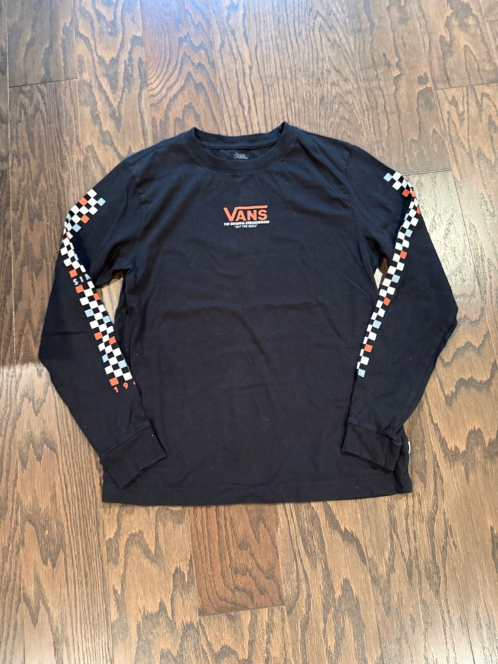 Vans Black Long-Sleeve Checkerboard Logo Tee with Orange Accents